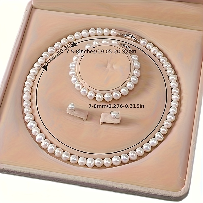 item picture [Freshwater Freshwater Pearls Necklace Jewelry Set] 925 Sterling Silvery Freshwater Cultured Freshwater Pearls Necklace Set with Amazing Bracelet and Earrings Jewelry Set - Gift for Others, Banquet, Party, Autumn and Winter Sweater Accessories