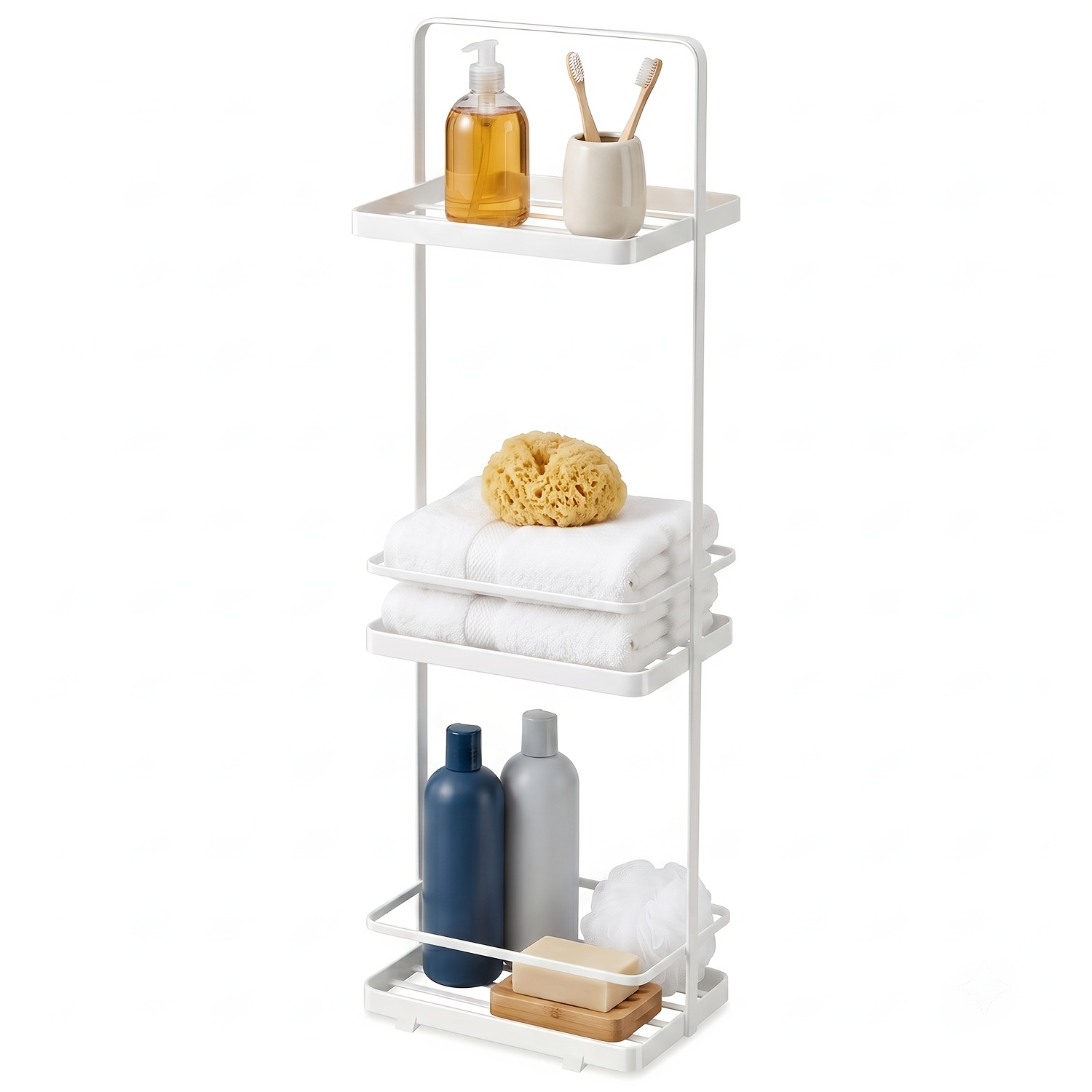Image of Three-layer Shower Shelf, Floor-standing Bathroom Rack, Wrought Iron Material, 67.5x12.5x18cm, White, Open Grid Layers, Load-bearing 6kg, Space-saving, No Installation Required, Shelves