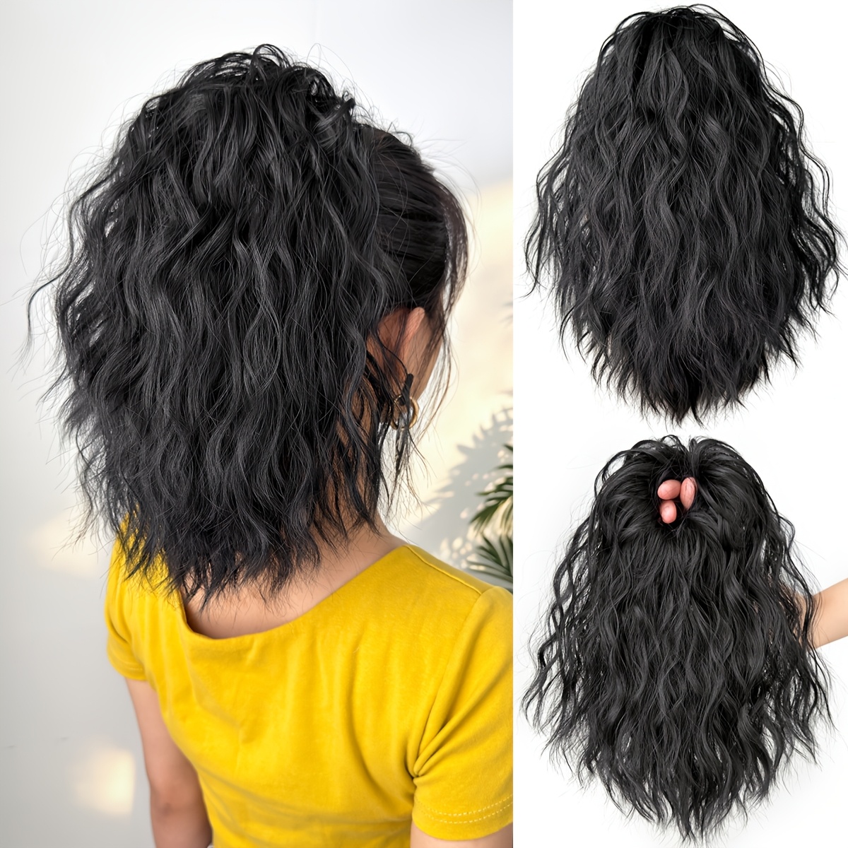 TEMU Extensión de coleta elástica de fácil uso, postizo de coleta sintético despeinado y suelto con ondas rizadas, coleta esponjosa y voluminosa para