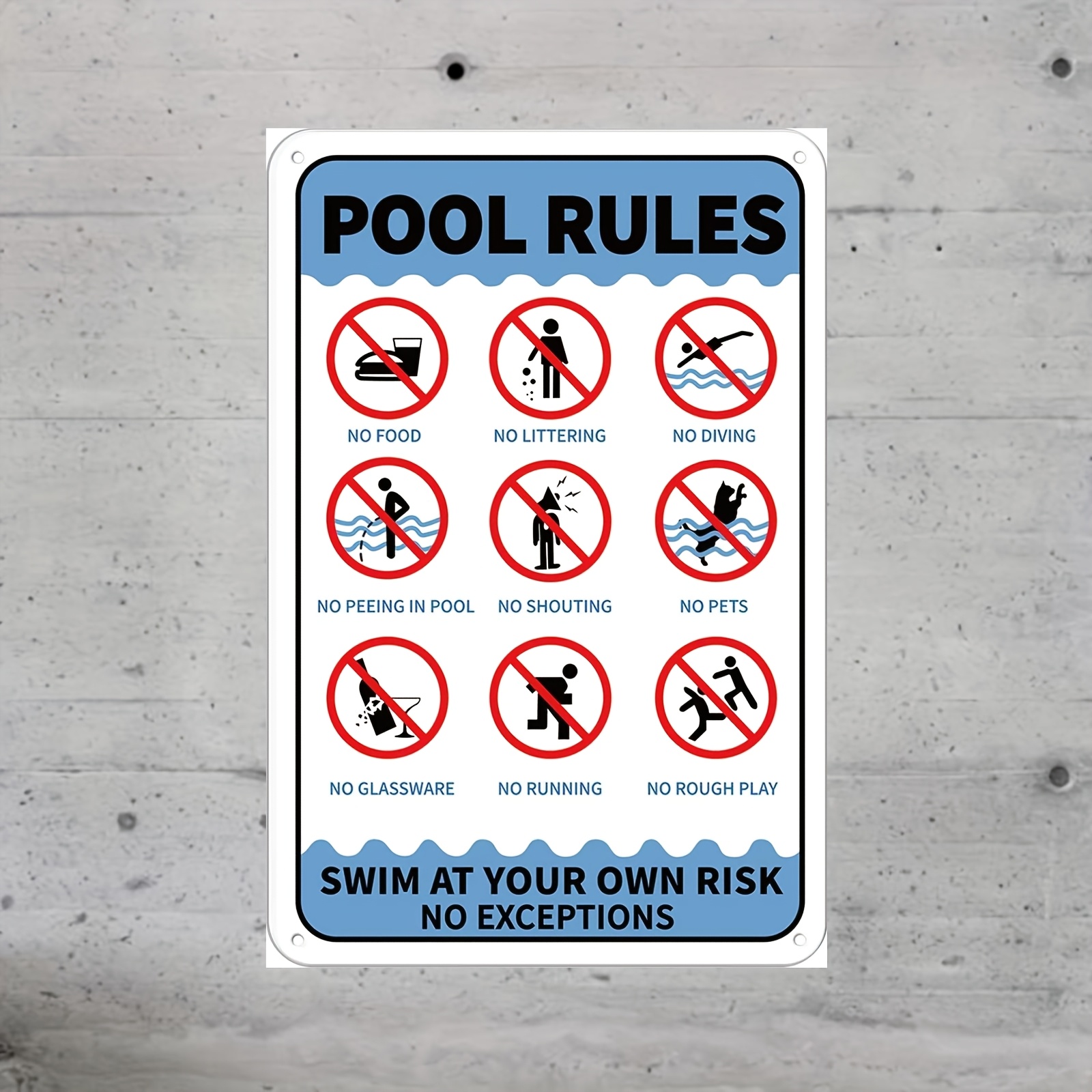 Vintage Pool Rules Tin Sign - Swimming Safety Metal Plaque 12x8 Inches