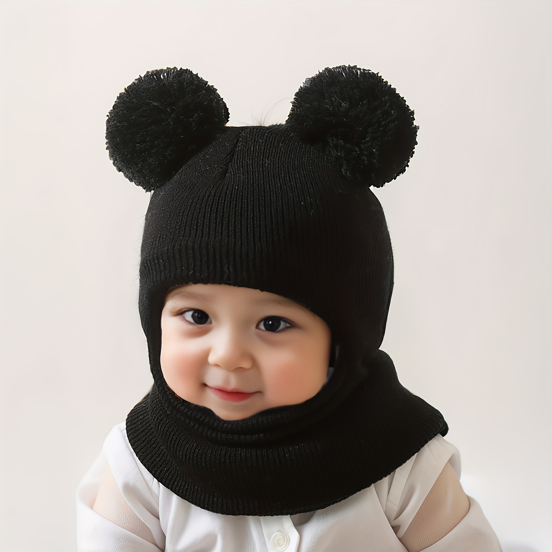 Image of 1pc 0-3 Years Old Comfortable Balaclava Hat For, With Pom-pom And Neck - Knitted Winter Hat, Ideal For Autumn And Winter, Birthday Occasions, Casual Wear, Holiday Gift, Design, Soft Texture, Beanie