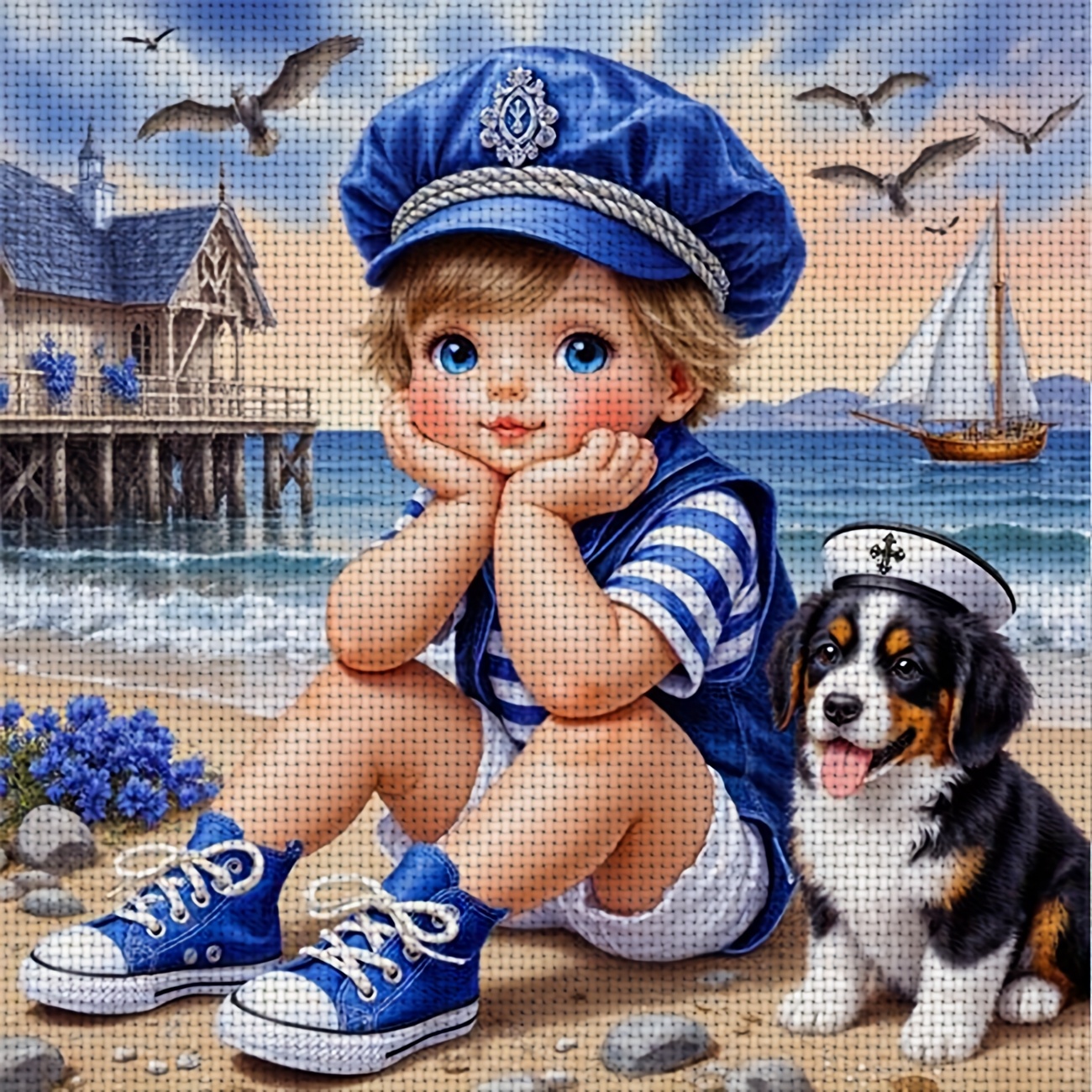 TEMU 1pc Diy Stitch Kit Compatible For Beginners & S - & Dogs Beach Scene With Pre-printed Canvas, Needle & Instructions - Complete Craft For Relax,,