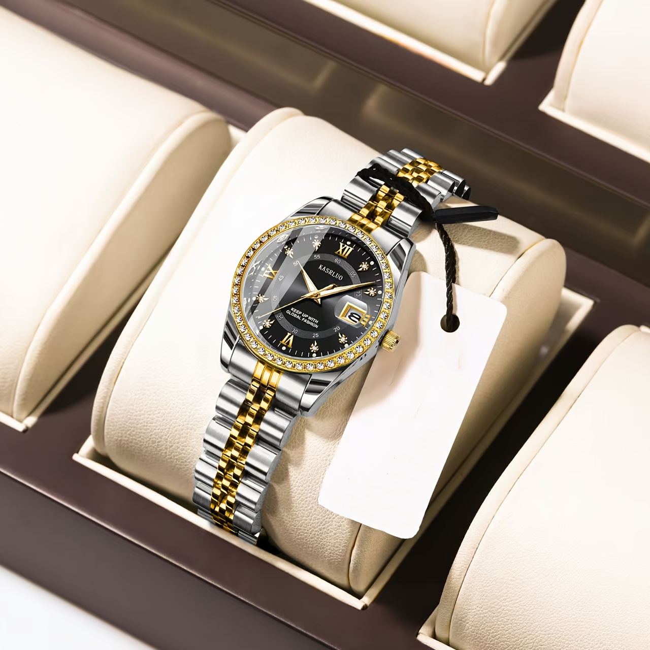 KASRLUO Women's Stainless Steel Quartz Watch with Luminous Rhinestone Date Display, Blue Dial & Golden-Tone Band - Elegant Business Style, Casual Elegance | Elegant Timepiece | Luminous Dial
