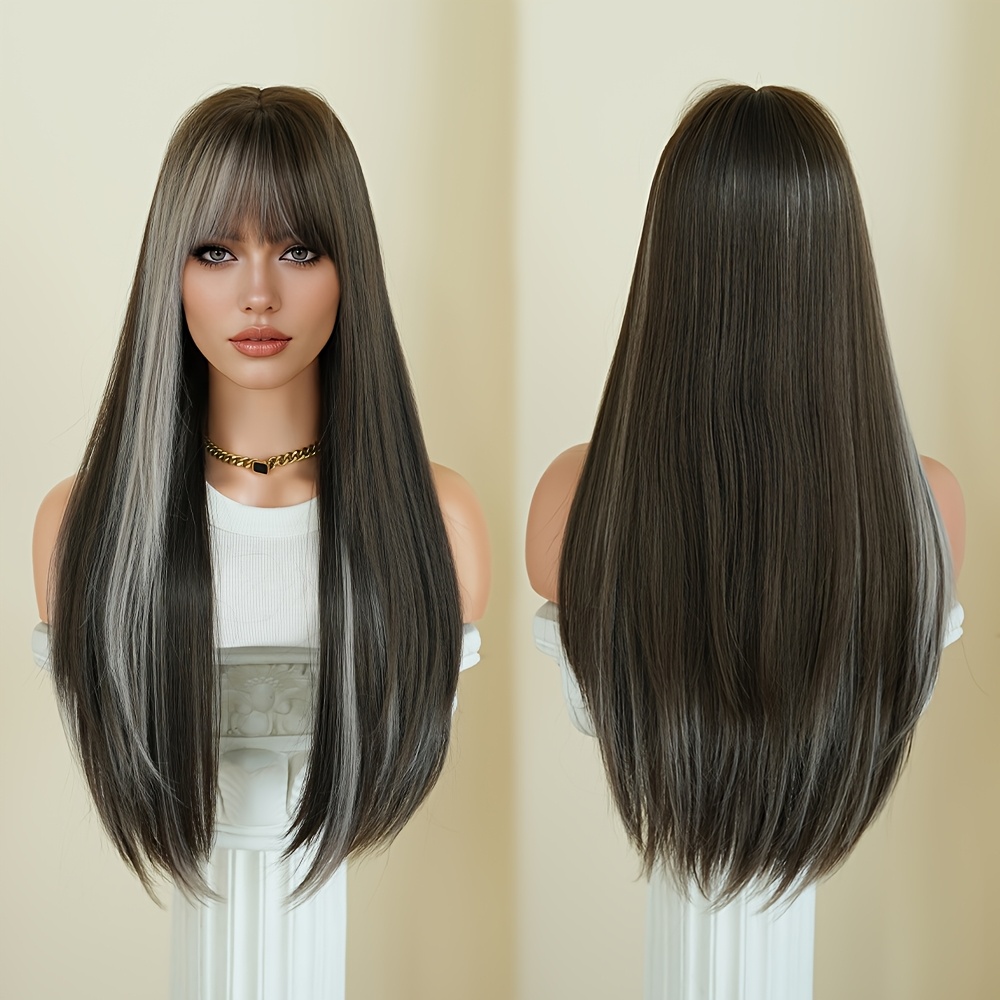 Routine Wigs Long Straight Wigs With Bangs High Density Highlight Gray Wig For Women Daily Party Use Heat Resistant Synthetic Wigs Halloween Dress Up Wig 28 Inch
