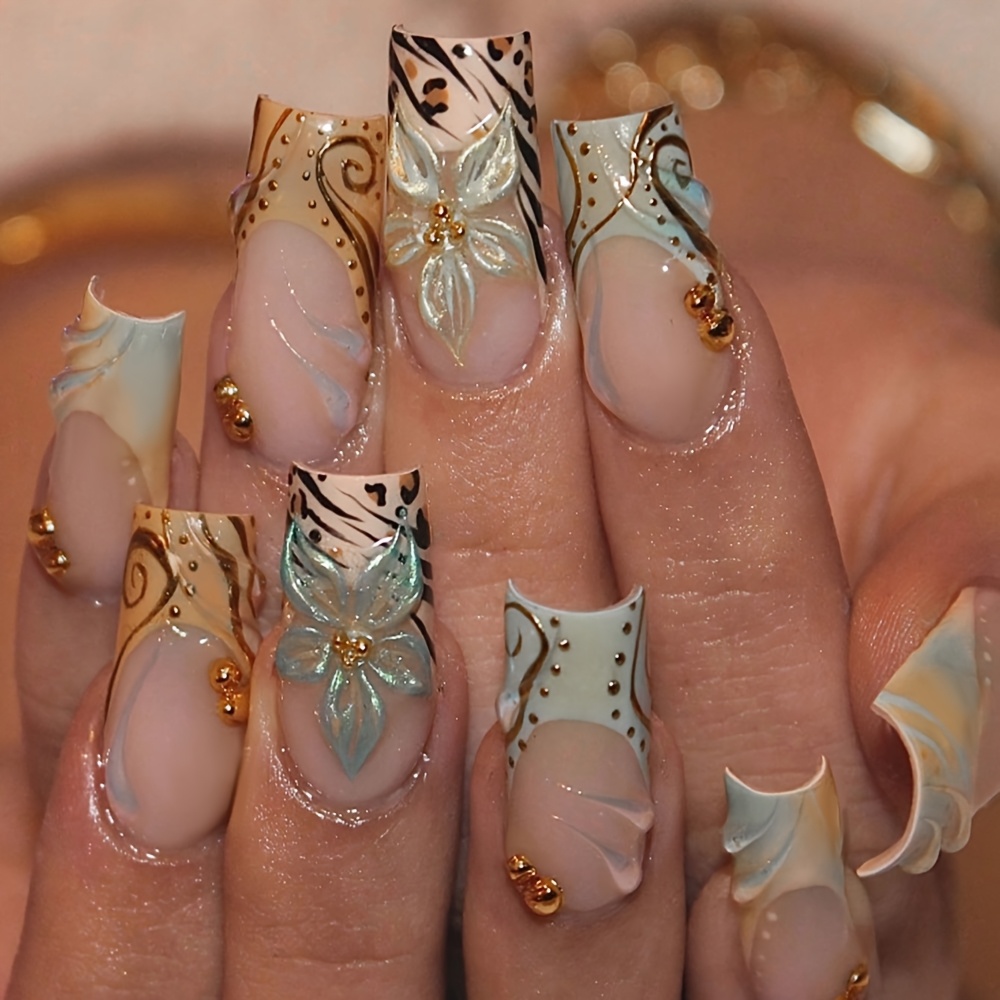 TEMU 24pcs Rectangular Press-on Fake Nails, Featuring A Sheer Nude Base With Gilded Leopard Print, 3d Carvings, And Metallic Rivets. Exudes Luxury