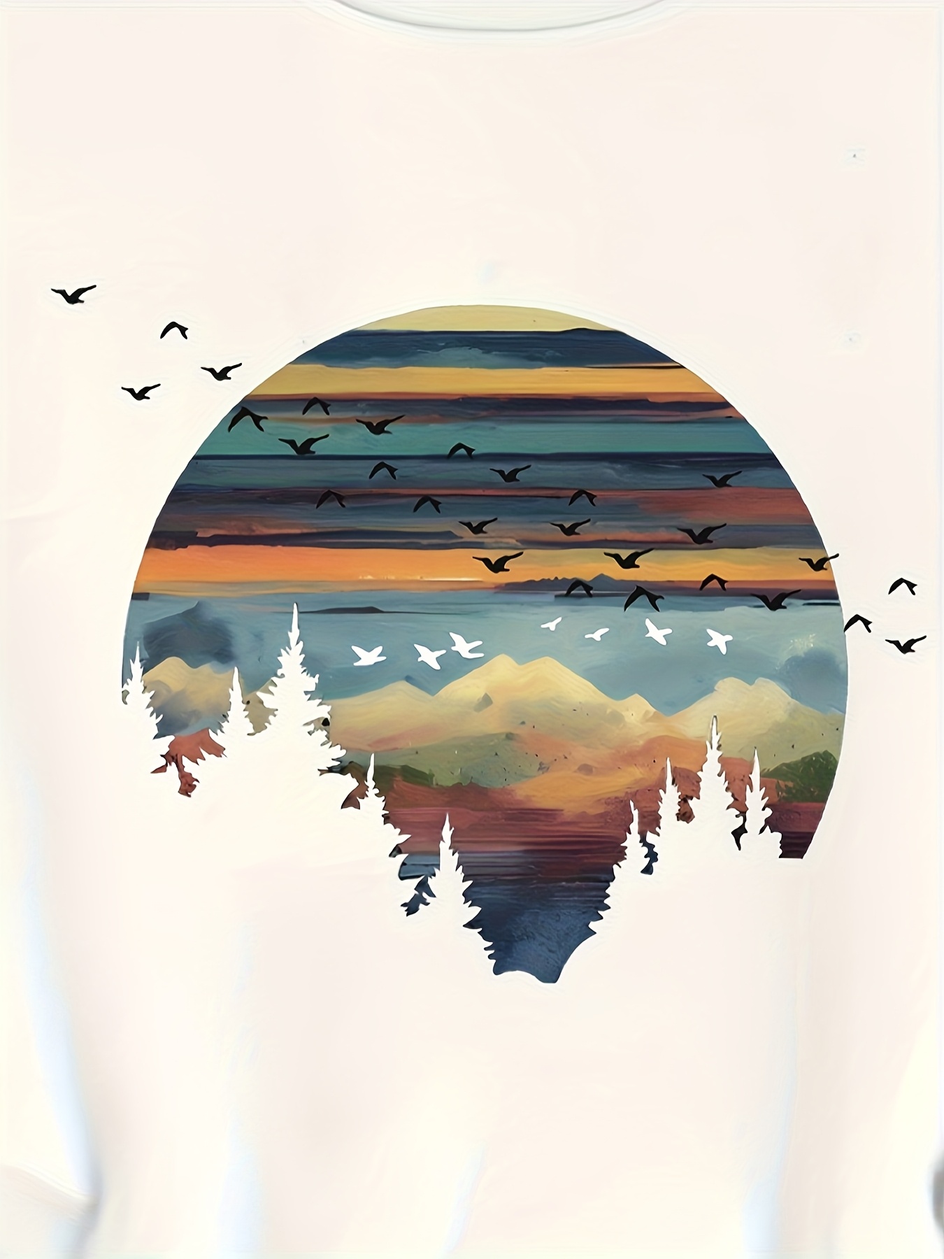 t-shirt décontracté à col rond pour femme avec impression de paysage, manches courtes, tissu extensible moyen, coupe régulière - g7271, haut dété | t-shirt coupe relâchée | impression de paysage   Détails du produit 2