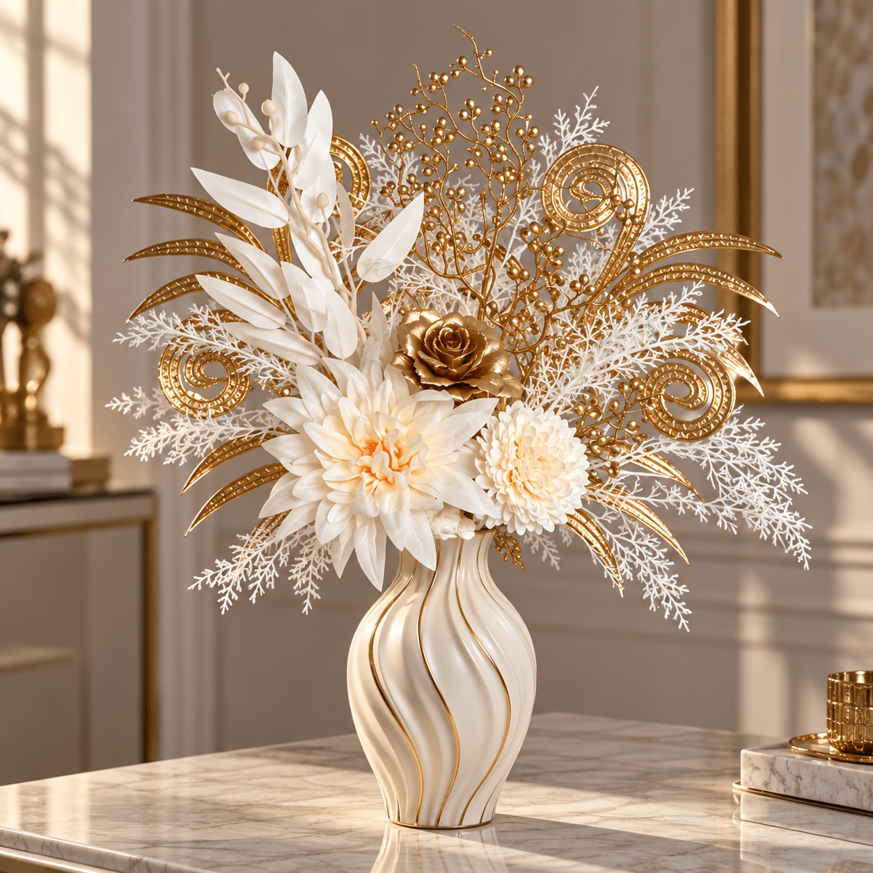 TEMU 1 Ensemble de bouquet artificiel blanc et doré de 43 cm, combinaison de fleurs artificielles comprenant des dahlias , des chrysanthèmes, des
