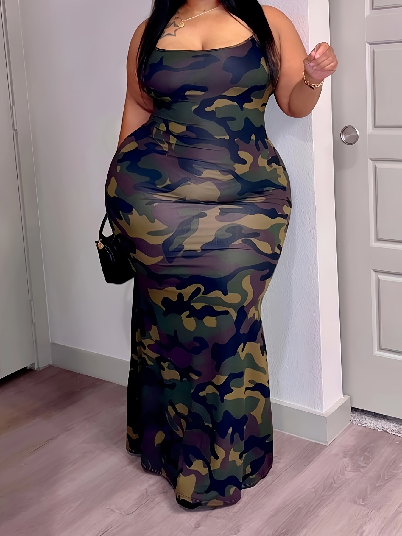 Plus Size, Plus Size Women's Elegant Camo Print Bodycon Dress Green  Camouflage Spaghetti Strap A-Line Midi Dress, Stretchy Polyester-*-Wa