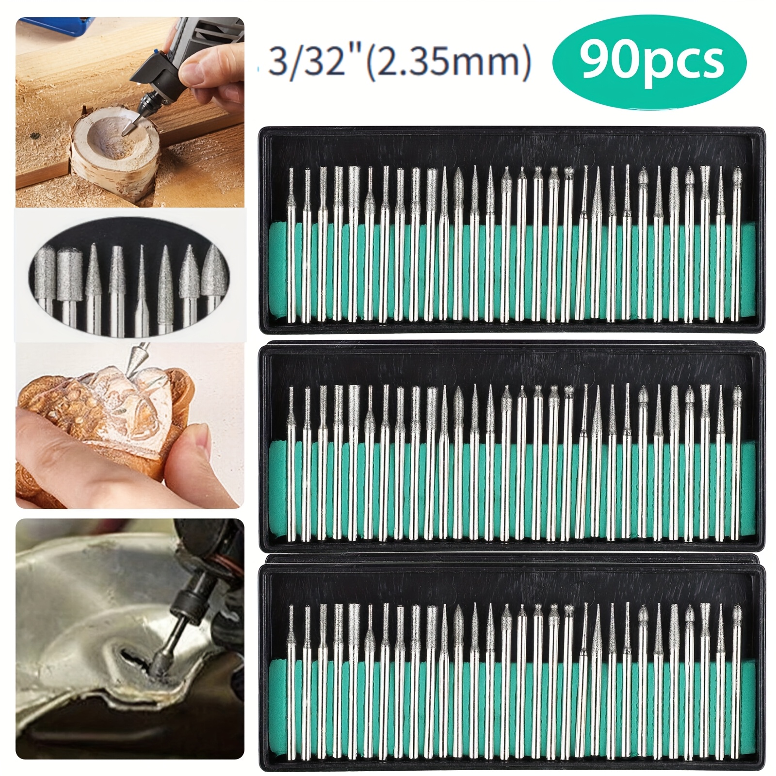 Image of 90pcs 3/32"(2.) Diamond Burr Bits, Carving Burr Bits Drill Kit For Rotary Tool Metal Woodworking Router Grinding Engraving Carving- Shank Pack Of 90pcs/ 3 Sets