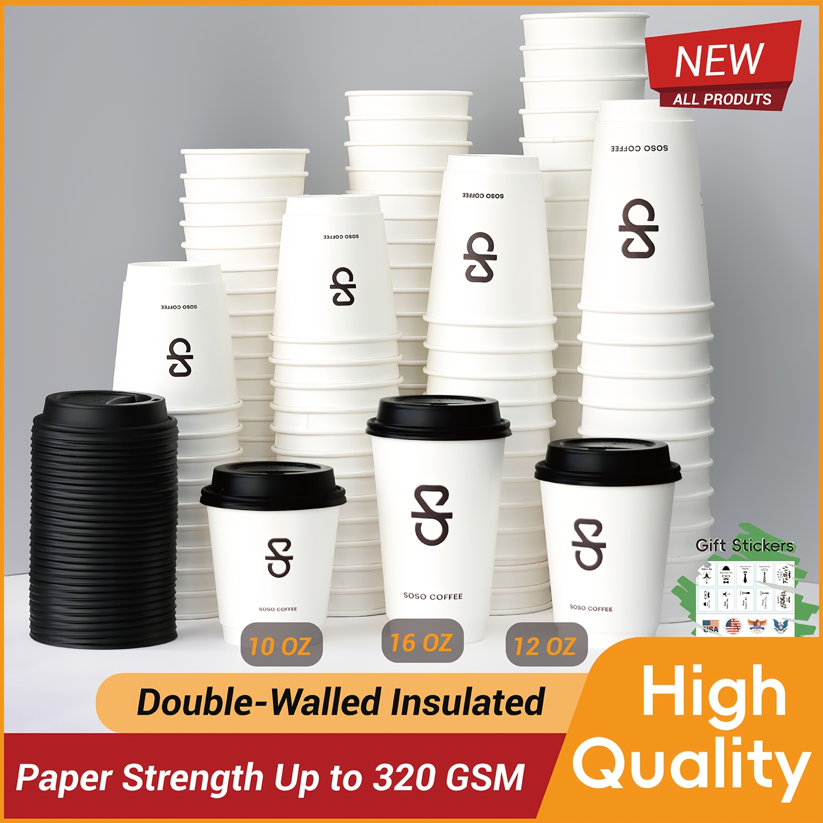 [Disposable Paper Cups] 16 Oz-60 Pack/12 Oz-80 Pack/10 Oz-100 Pack  Double-Walled Insulated Disposable Coffee Cups with Lids, to * Cups with 4  Artistic Stickers, Hot Paper Cups for Hot Beverages In ...