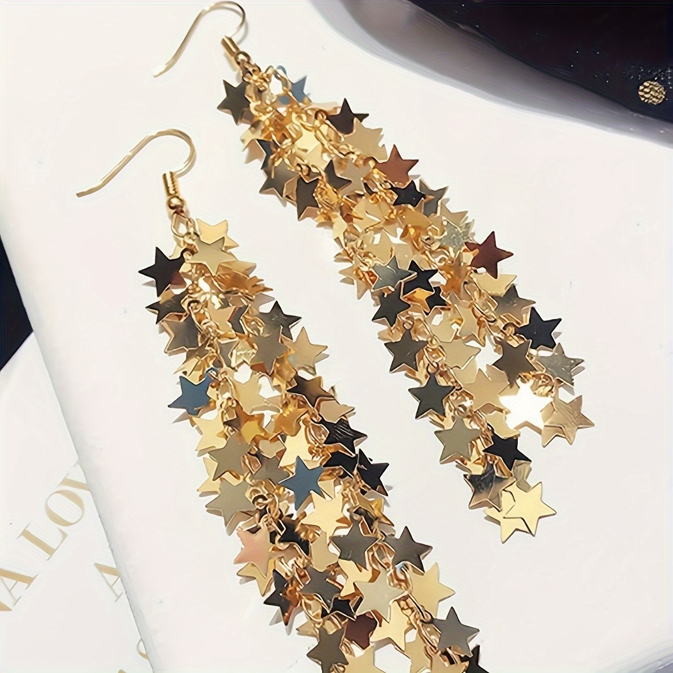 Image of A Pair Of New Star Waterfall Tassel Exaggerated Earrings With A Luxurious Feel, Featuring Metallic Sequins And Star Shapes, Popular Women