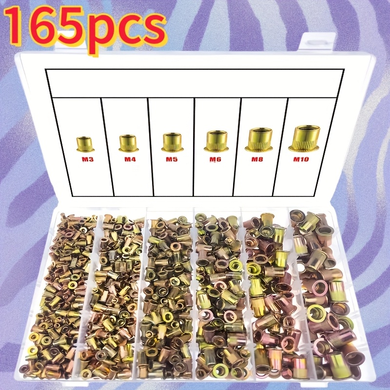 Carbon Steel Rivet Nut Set With Thread Insert For Metal, Aluminum, Stainless Steel, And Fiberglass, Classification Tool Set, 165pcs