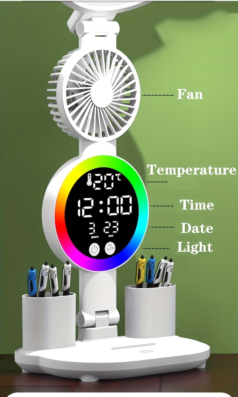 Lampe de bureau à 4 têtes avec protection oculaire | Lampe de lecture multifonctionnelle avec ventilateur, alimentation USB, intensité variable, interrupteur tactile, lumières LED, bras oscillant pour bureau et usage domestique