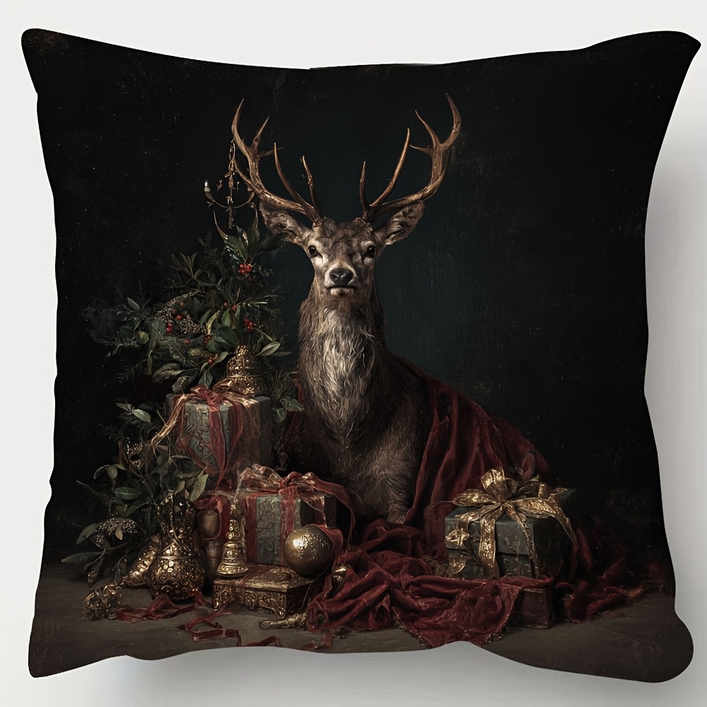 TEMU 1pc Luxury Double-sided Short Plush Christmas Pillow Cover - Dark Deer & Stag Print With Golden/green , 18x18 Inch Zippered Case For Sofa, Bed,