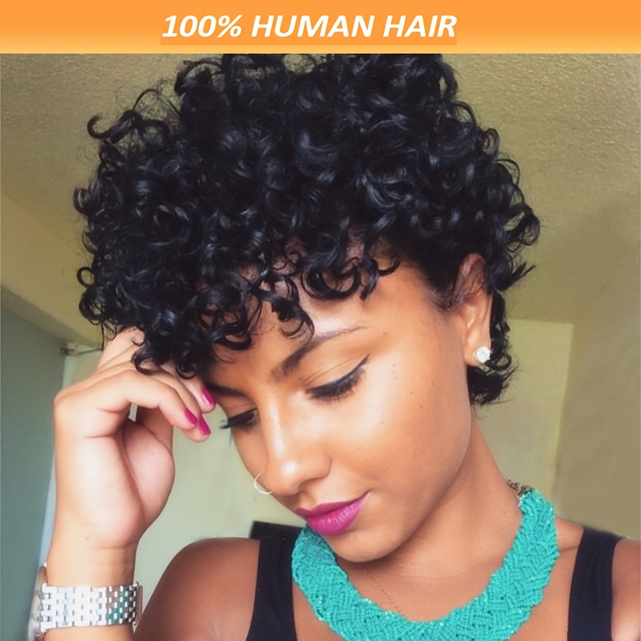 

1pc Elegant Short Curly Cut Wig With Bangs, 180% Density Loose Glueless Human Hair Wig For Women, 6-inch Style, Cap, Non-lace