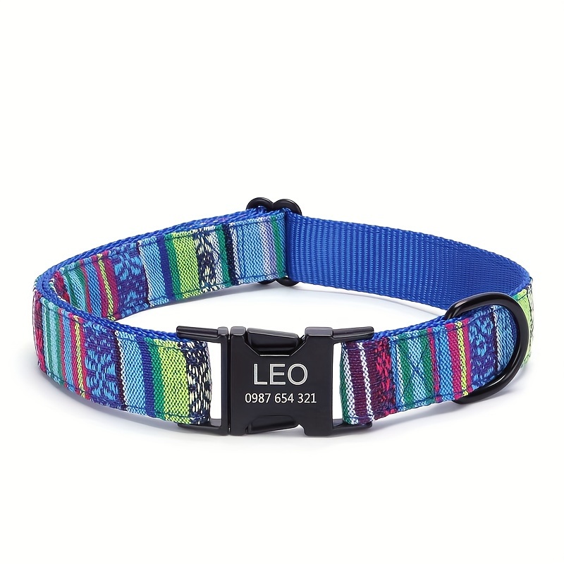 TEMU Customizable Bohemian Striped Checkered Collar With Ethnic Style For Pets, Featuring A Customizable Laser-engraved Metal Dog Collar. Engrave