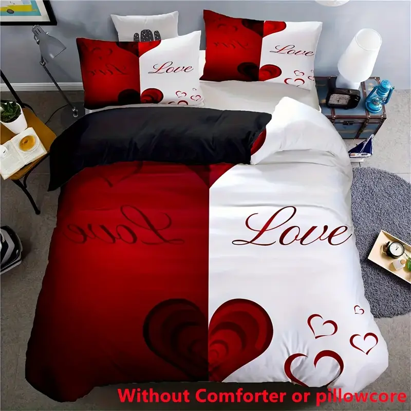 2 3pcs red and white heart print duvet cover set 1 duvet cover 1 2 pillowcase without core couple valentines day romantic heart soft comfortable duvet cover for bedroom home decoration Product details 0