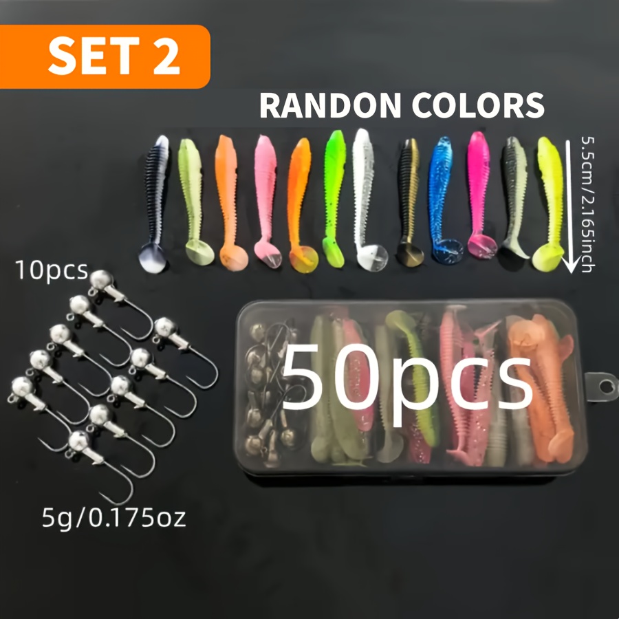 E-shop 50 Stück Soft , 10 Stück 3.5g/5.5g Bleiköpfe + 40 Stück Gewindeköpfe – Zufällige Farben, Wurmwurzel-Köder für Texas Rigging und Wels Mini Bio