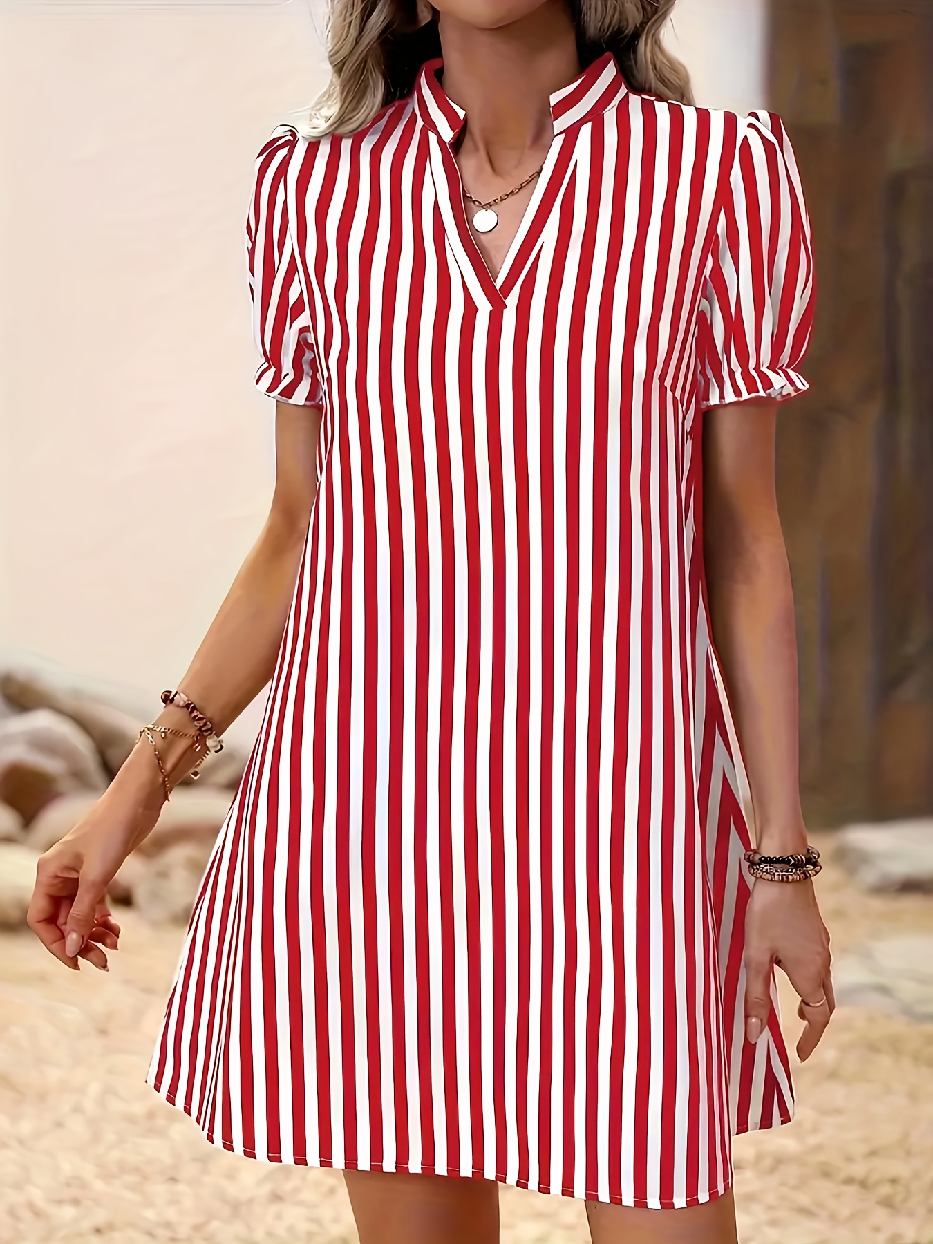 open lace back dress Blue Stripe Print V Neck Tie Shoulder Dress – SSYS main image 0