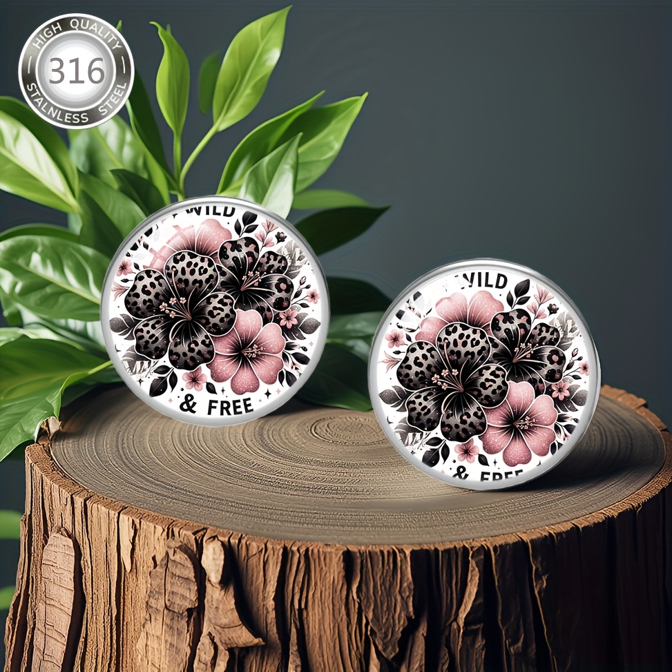 Image of 1 Pair Leopard Print Floral Steel Hypoallergenic Stud Earrings With Convex Glass Inlay, Fashion Style Jewelry For Men And Women, Suitable For Daily Wear, Banquets, Parties, And As A Gift