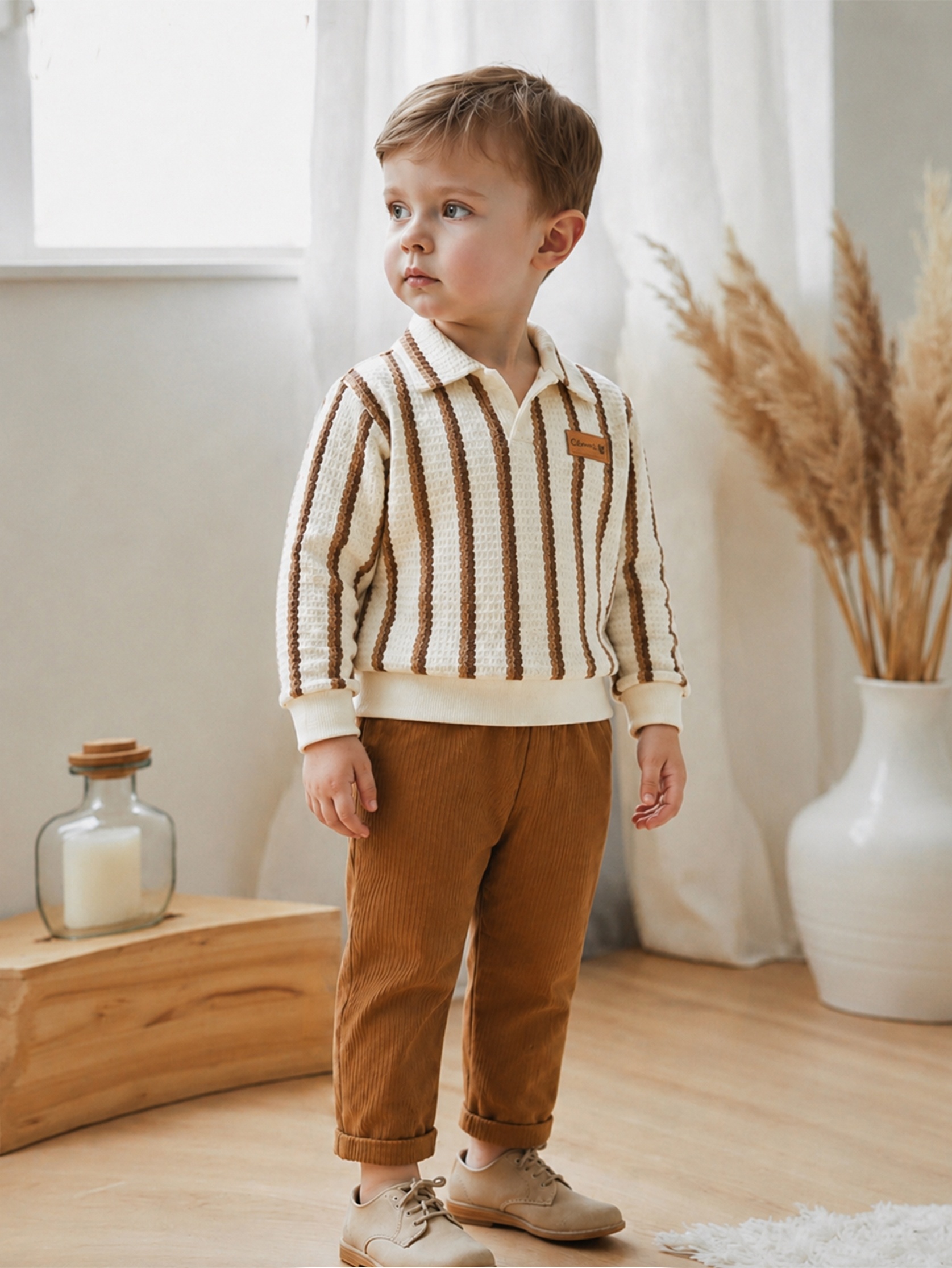 item picture contrast color vertical   long sleeve   shirt and corduroy trousers set boys   style 2pcs set academic style lapel design textured fabric soft and comfortable suitable for babies aged 9 months to 4 years