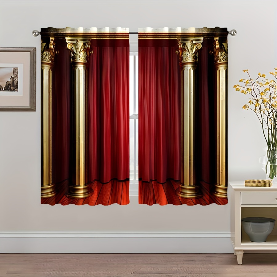 Red Curtains Golden Pillars Pattern Window Decoration - Temu South Africa