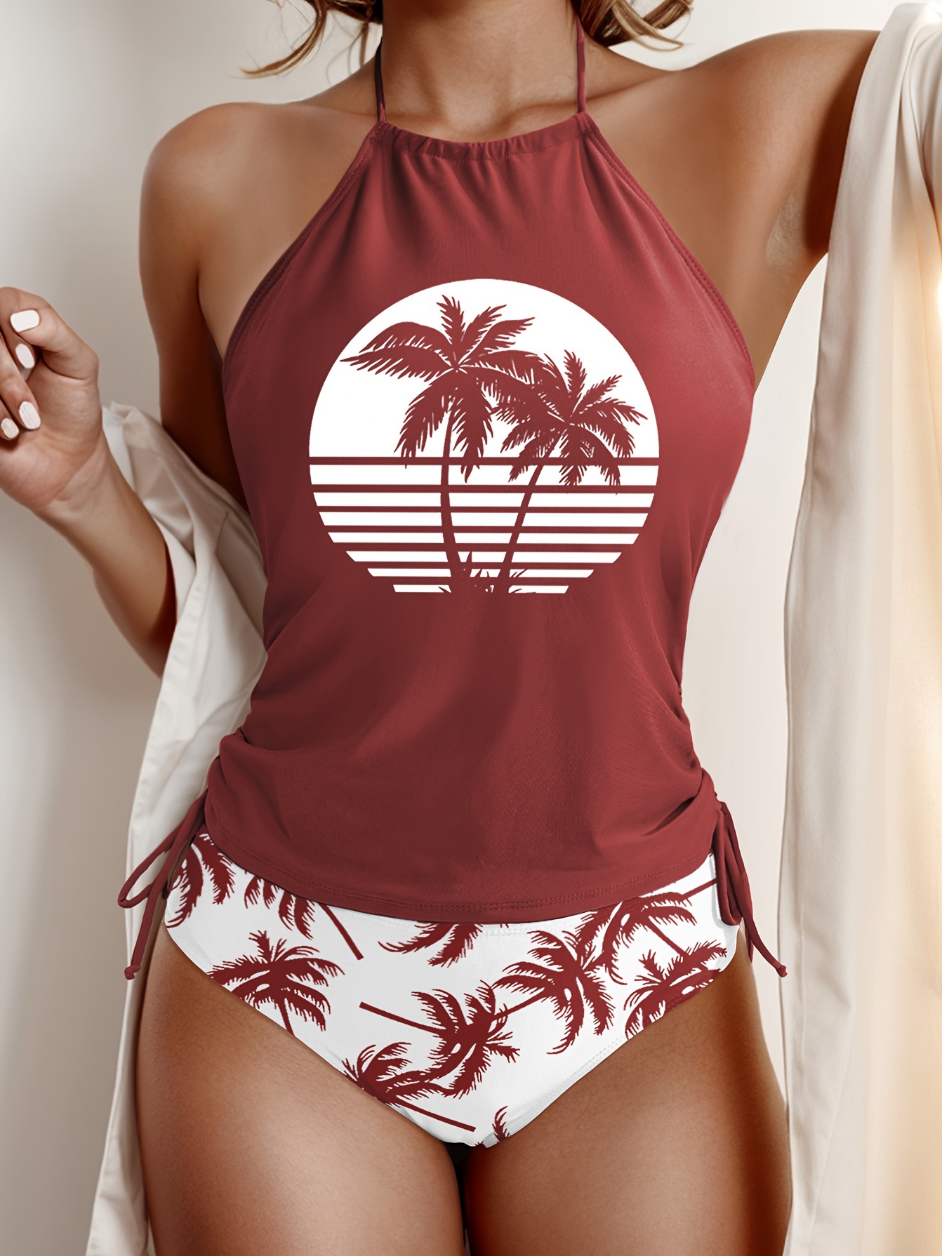 Coconut Tree Set Pattern Drawstring 2pcs Set Swimsuit, Halter Tie Neck Backless Stretchy Low Waist Bathing Suit for Beach Pool, Women'S Swimwear & Clothing