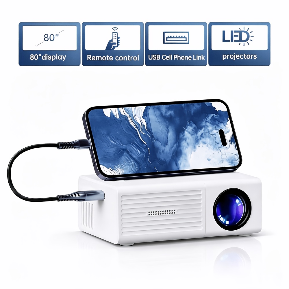TEMU Portable Mini Projector With Support - Compatible With Ios, Android, Windows And More - Includes Remote Control, Usb-powered, Design, Ideal For