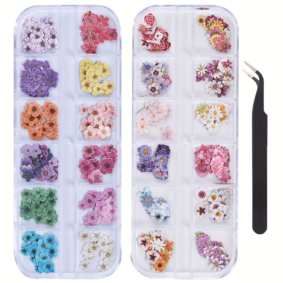 Image of /2 Boxes 12-grid Flower Plum Tweezers Nail Art Set - Spring/summer Floral Small -thin Flower Nail Decals Embellishments - Suitable For Nail Design