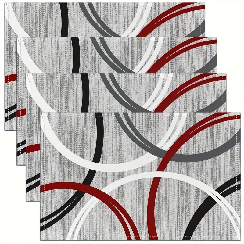 

4- Placemats, Red Pattern, Rectangular Polyester Table For , Dining , , ,