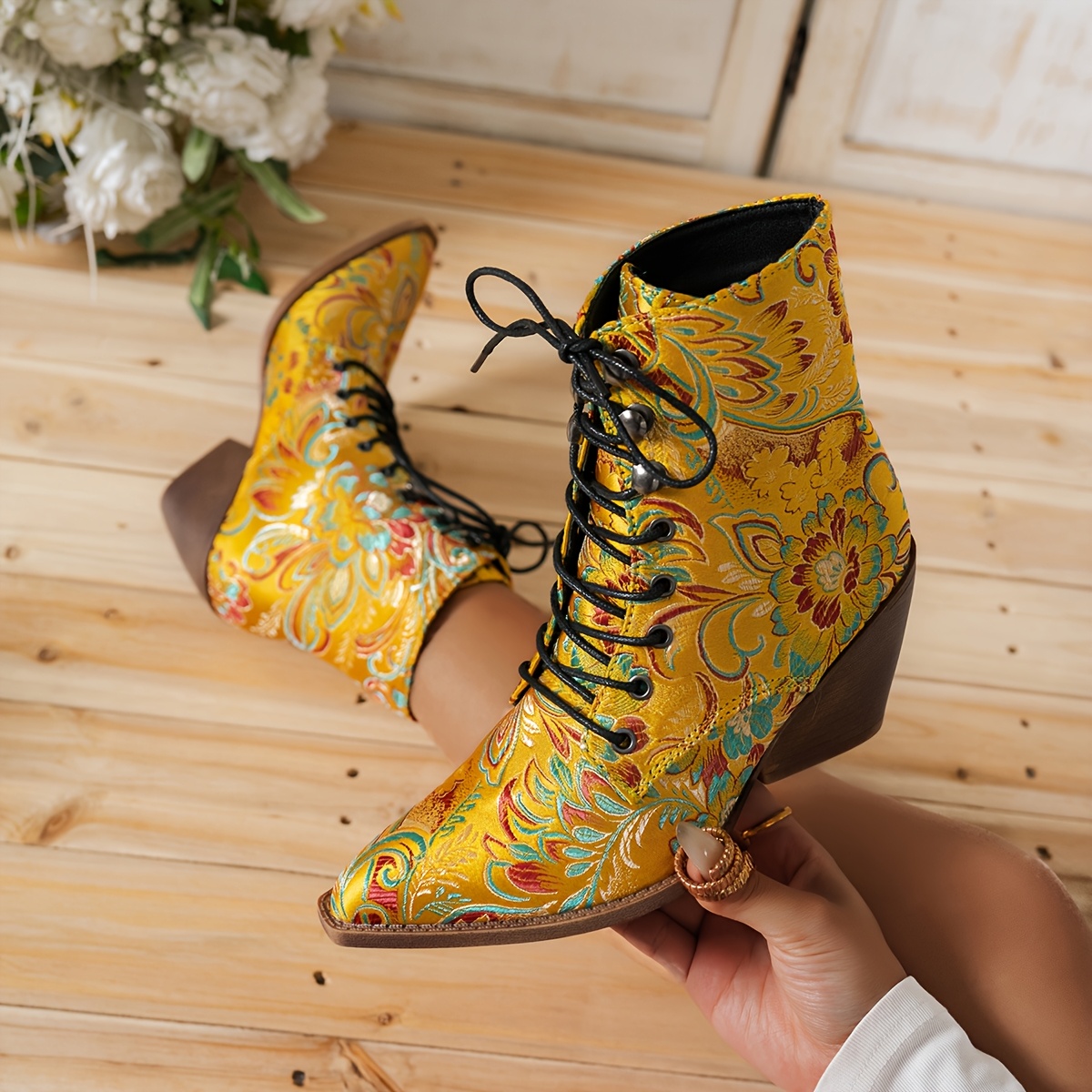 botines mujer encaje floral bordado vintage botas chelsea Temu