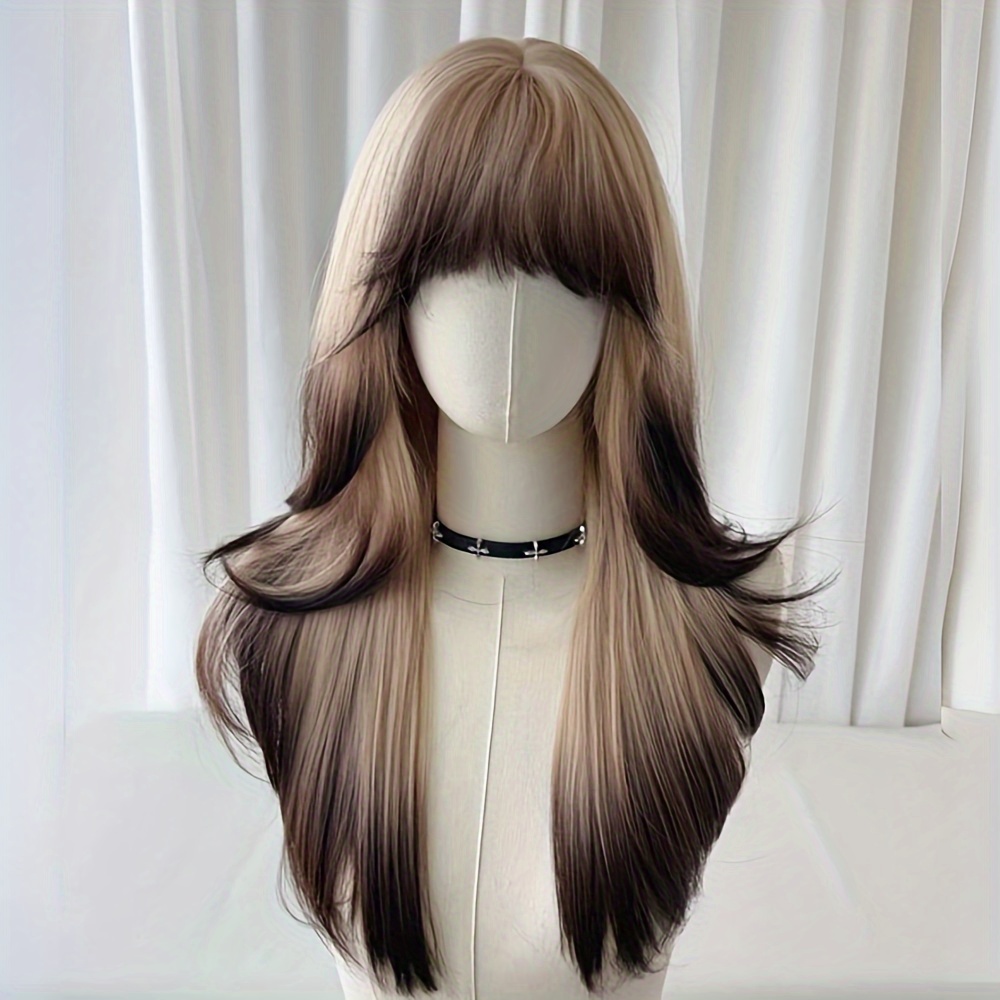 

Women's Long Straight Synthetic Hair Wig With Bangs Fiber Party Y2k Cos Style Blonde Ombre Black