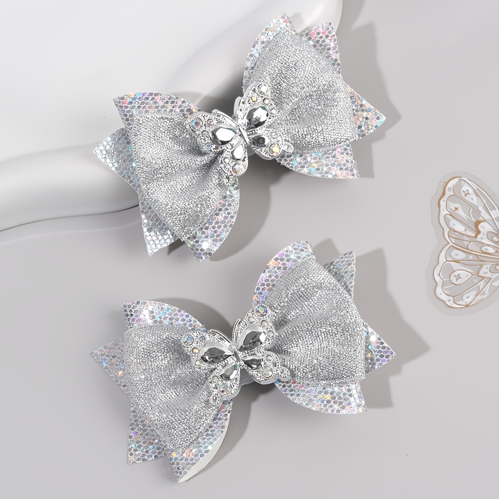 TEMU 2pcs Exquisite Hair Bow Clips For In Pair Silvery Glitter Bow Hair Barrettes For Spring Themed Parties, Birthday Presents Shiny Hair Bow Fashion
