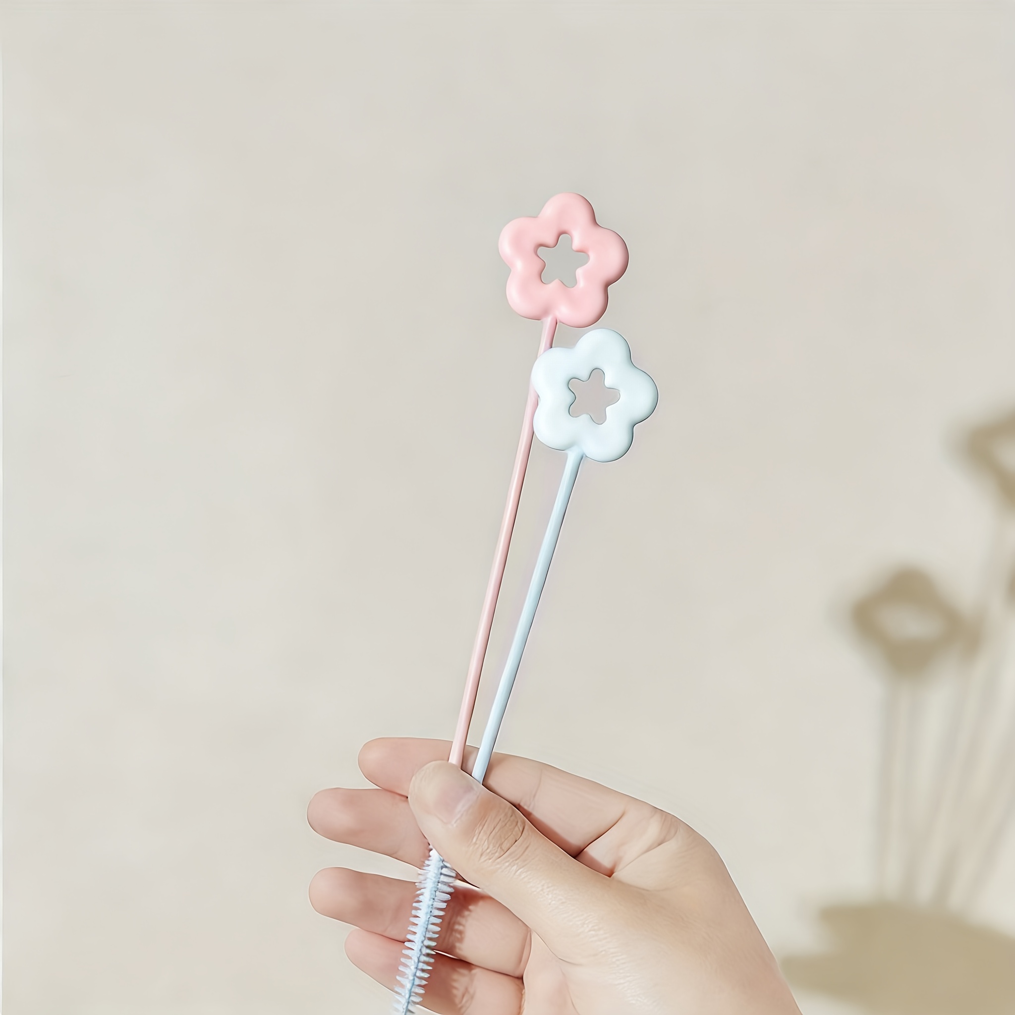 TEMU 2pcs Powder Blue Combination Straw Cleaning Brushes, Extra-long Soft Flexible Straw Brushes, Reusable Pipe Brushes, Suitable For Glass Straws,