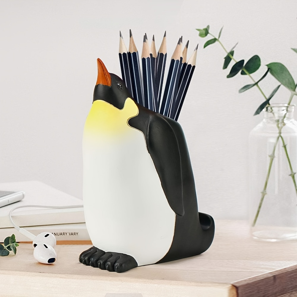 

Cute Resin Penguin Pen Holder With Phone Holder Pen Container Cell Phone Stand, Carving Brush Scissor Holder, Desk Organizer Decoration For Office Desk Home Decorative