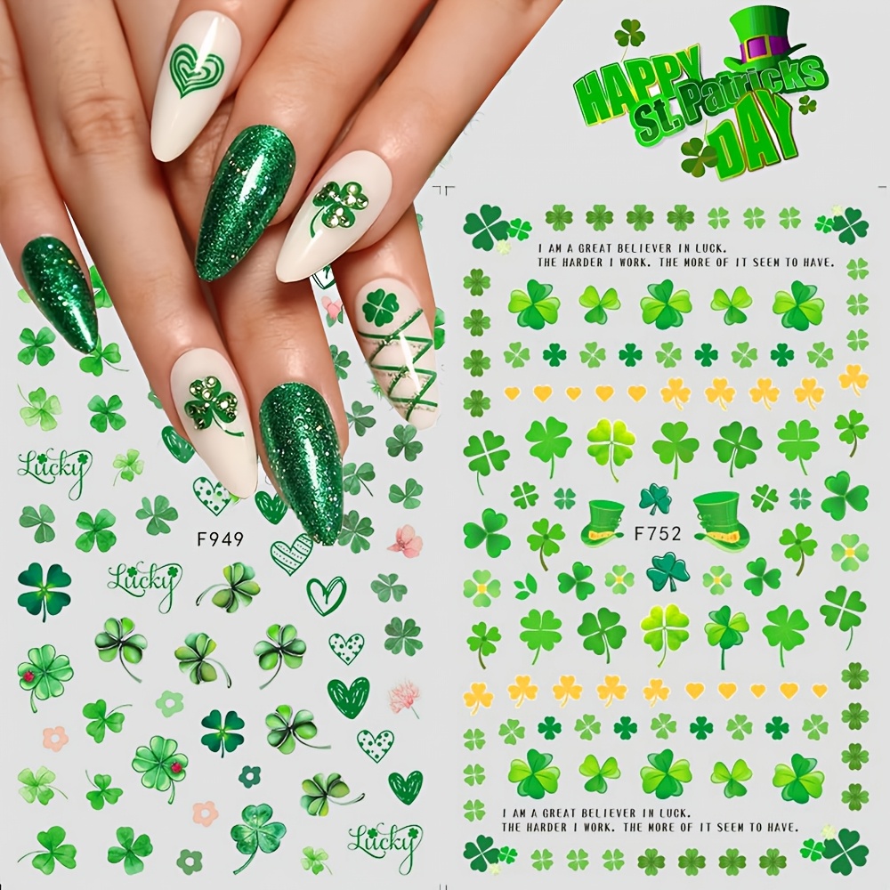 

2pcs Shamrock Nail Art Stickers, 3d Self-adhesive Green Clover Irish Embellishments, Leaf Pattern Paper Nail Decals, Single Use Theme Manicure Accessories For Women Salon