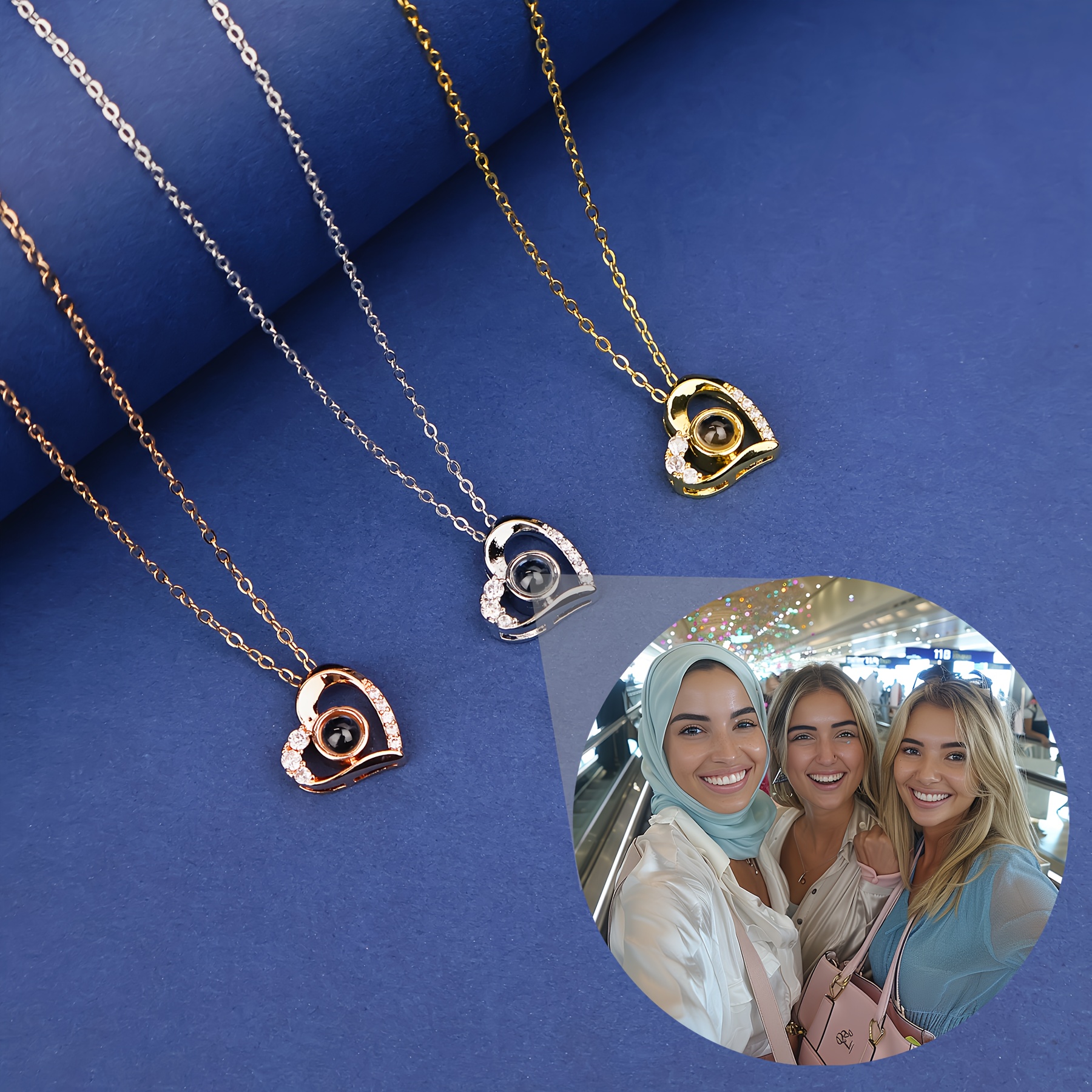 

Custom Color Photo Projection Necklace - Elegant Copper & Titanium Steel With Cubic Zirconia Heart Pendant, Perfect Gift For Wife, Girlfriend, Or Best Friend - Ideal For , Vacations, Weddings