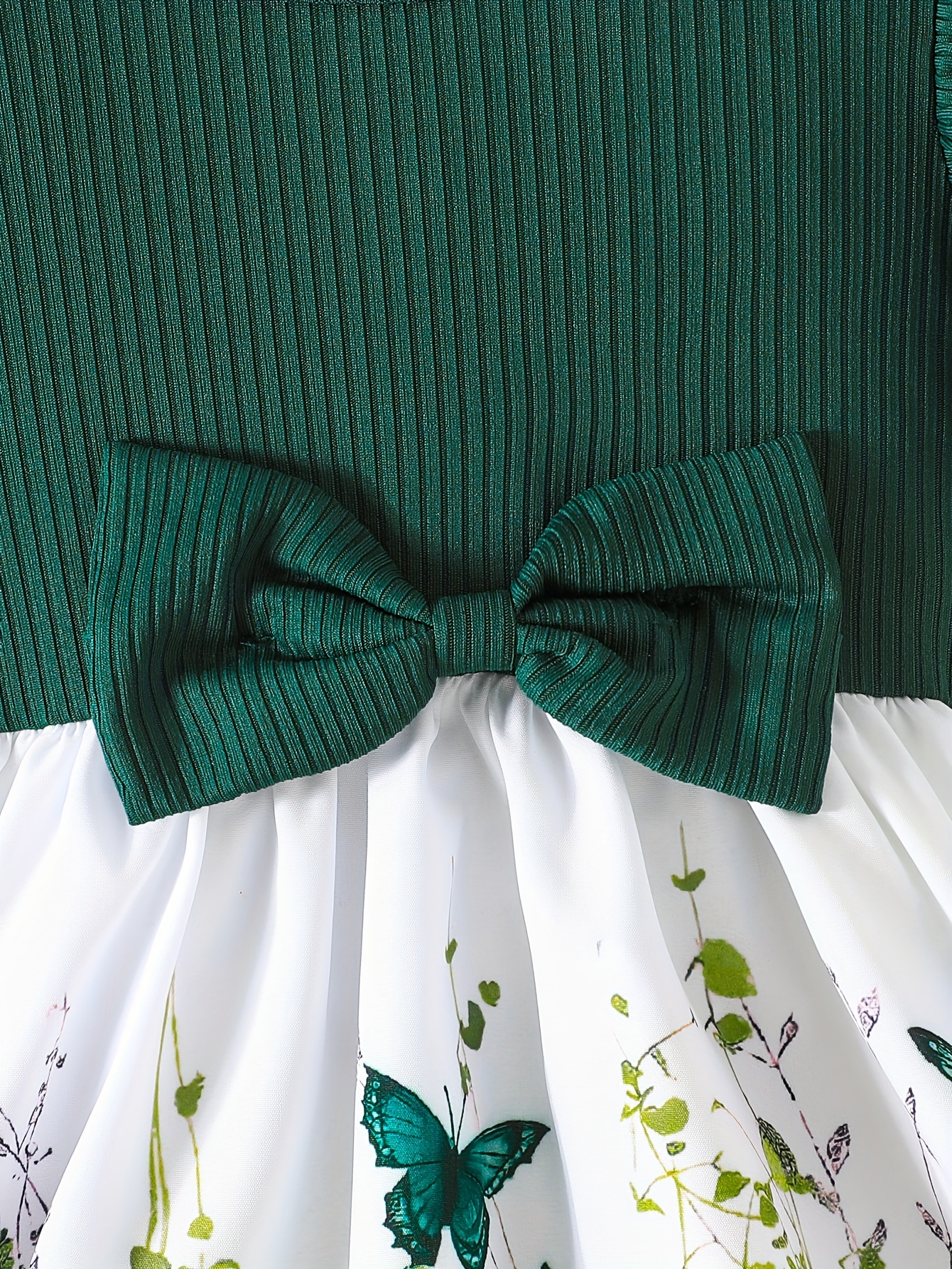 Girls' Spring/Summer Ruffled Sleeve Dress with Bow Detail and Elastic Waistband - Green Butterfly Print on White, Knee-Length, Machine Washable