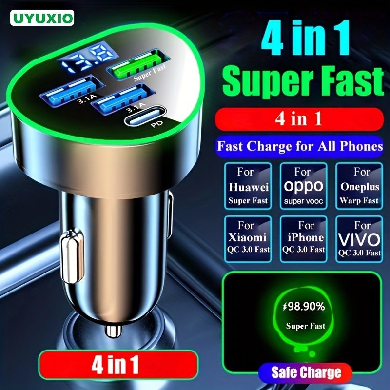 

4 In 1 Usb C Car Phone Charger Adapter Pd With Led Voltage Monitor Super Fast Charging In Car For Iphone Ipad Samsung Oppo Vivo And More