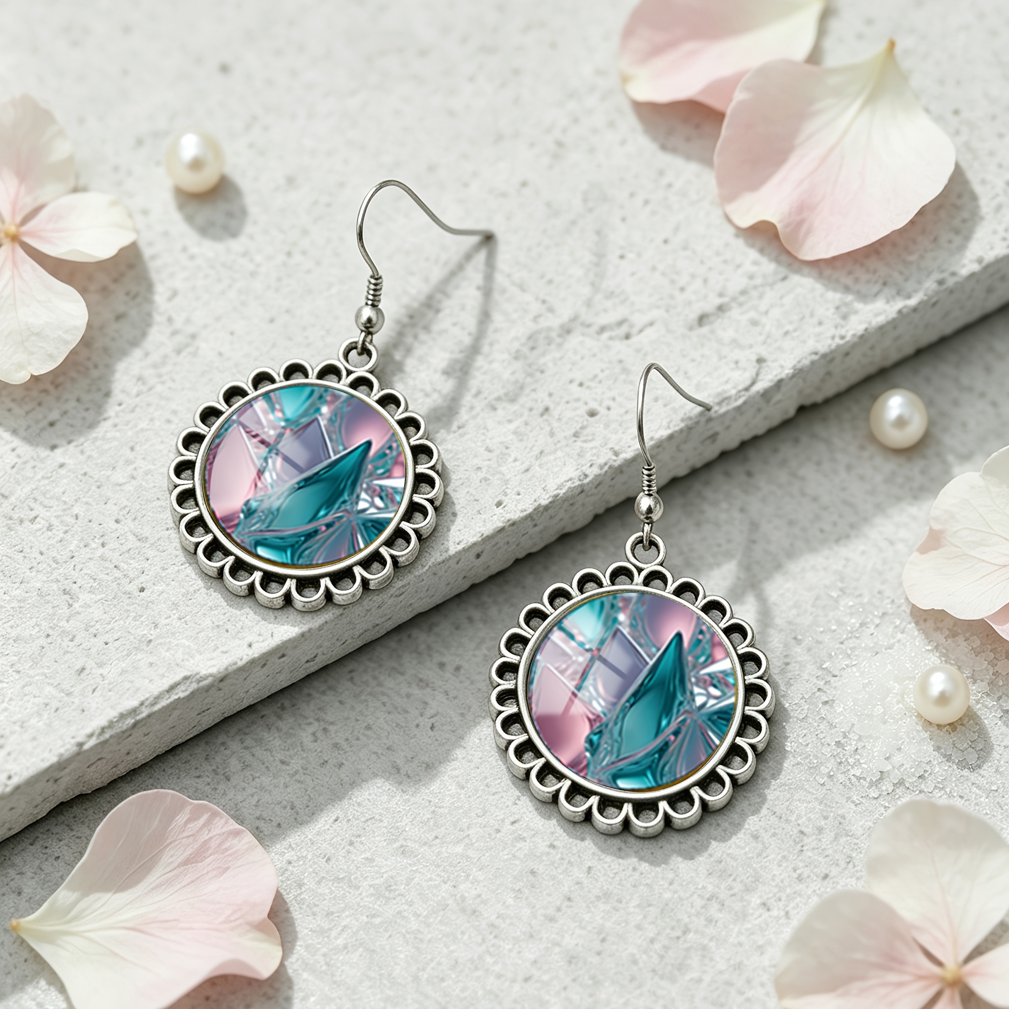Gradient Blue-Pink Glass Texture Round Earrings, Unisex