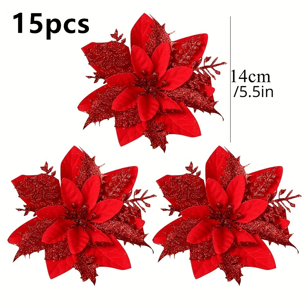 TEMU 15pcs Sparkling Poinsettia Flowers - For Christmas, Weddings & Decorations, Christmas Decor