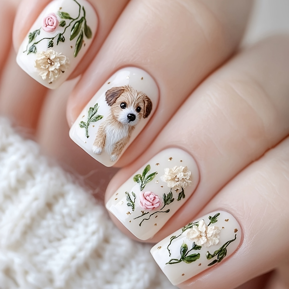 Upgrade Your Look: 24pcs Short Square Press-on Nails With Pastoral Puppy, Floral, And Botanical Designs. Cute, Elegant, And . Removable Fake Nails With Jelly Glue And 1 Nail File