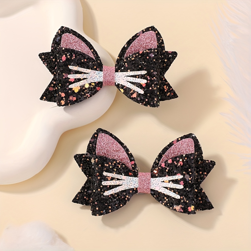 2pcs Sparkly Glitter Bow Hair Clips For Girls - Cat-ear Fabric Barrettes, Perfect For Daily Wear, Casual Occasions &