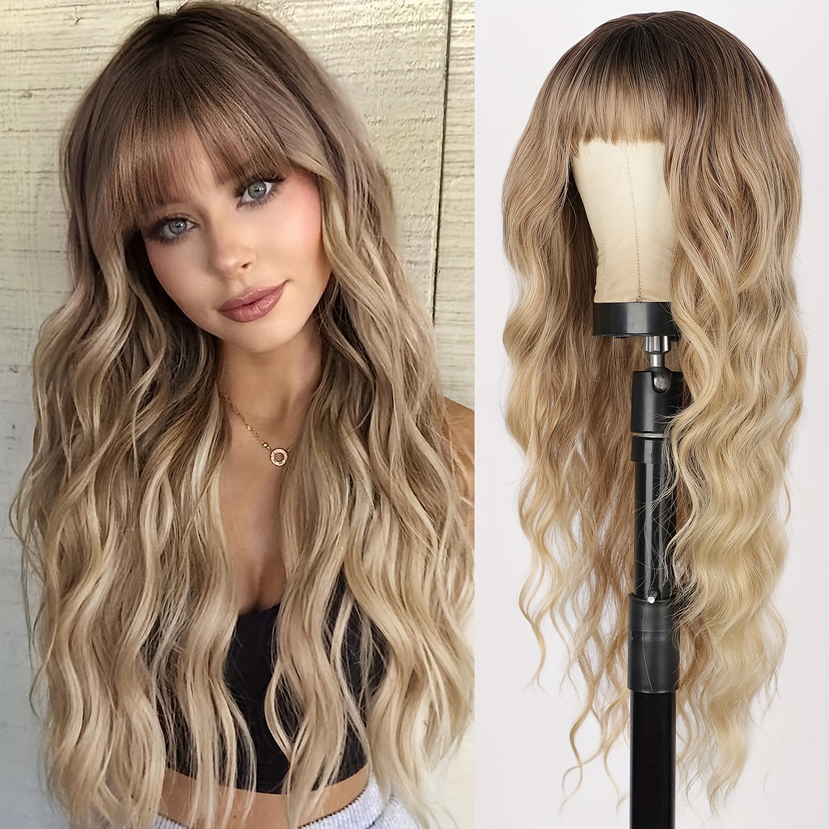 

Blonde Wig With Bangs Long Wavy Curly Ombre Wig With Dark Root Synthetic Heat Resistant Wigs For Women Daily Party Use 26 Inches