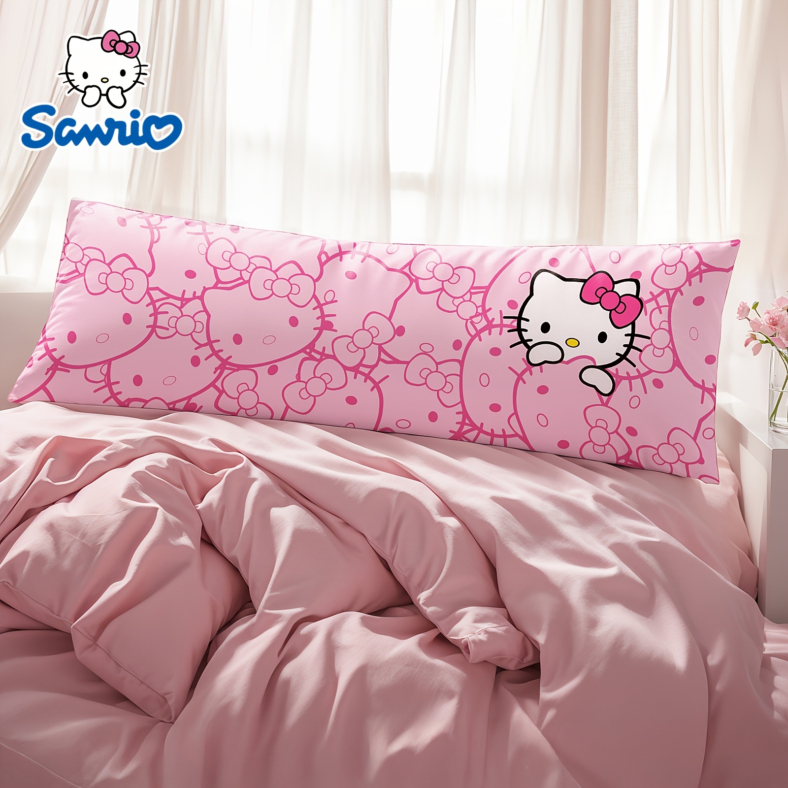 

1pc Hello Kitty Pillowcase, Hypoallergenic Polyester, Pink Floral & , 19x36 Inch, Envelope Closure, Machine Washable, Ultrasonic Embossed, Wrinkle-resistant Bedding