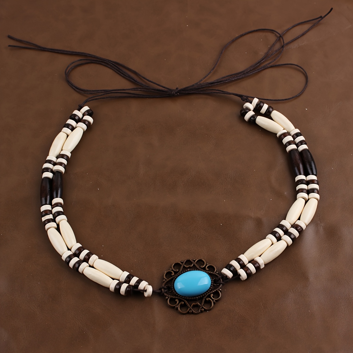 Image of Handmade Ethnic Retro Hatband, Beads With Synthetic Sapphires, Polyester Adjustment Rope, Used For Daily Matching With Different Hats