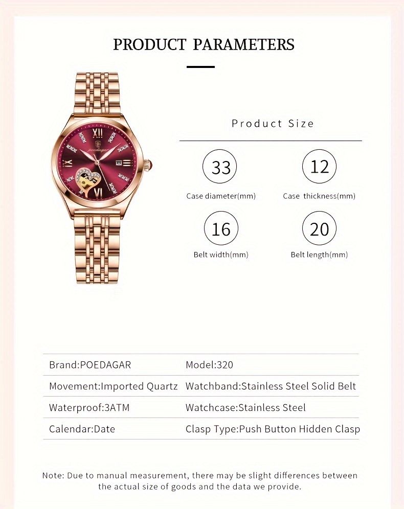 POEDAGAR Elegant Women's Quartz Watch - Rose Golden-Tone Stainless Steel, Luminous Hands & Calendar,, Date Display with Heart Detail