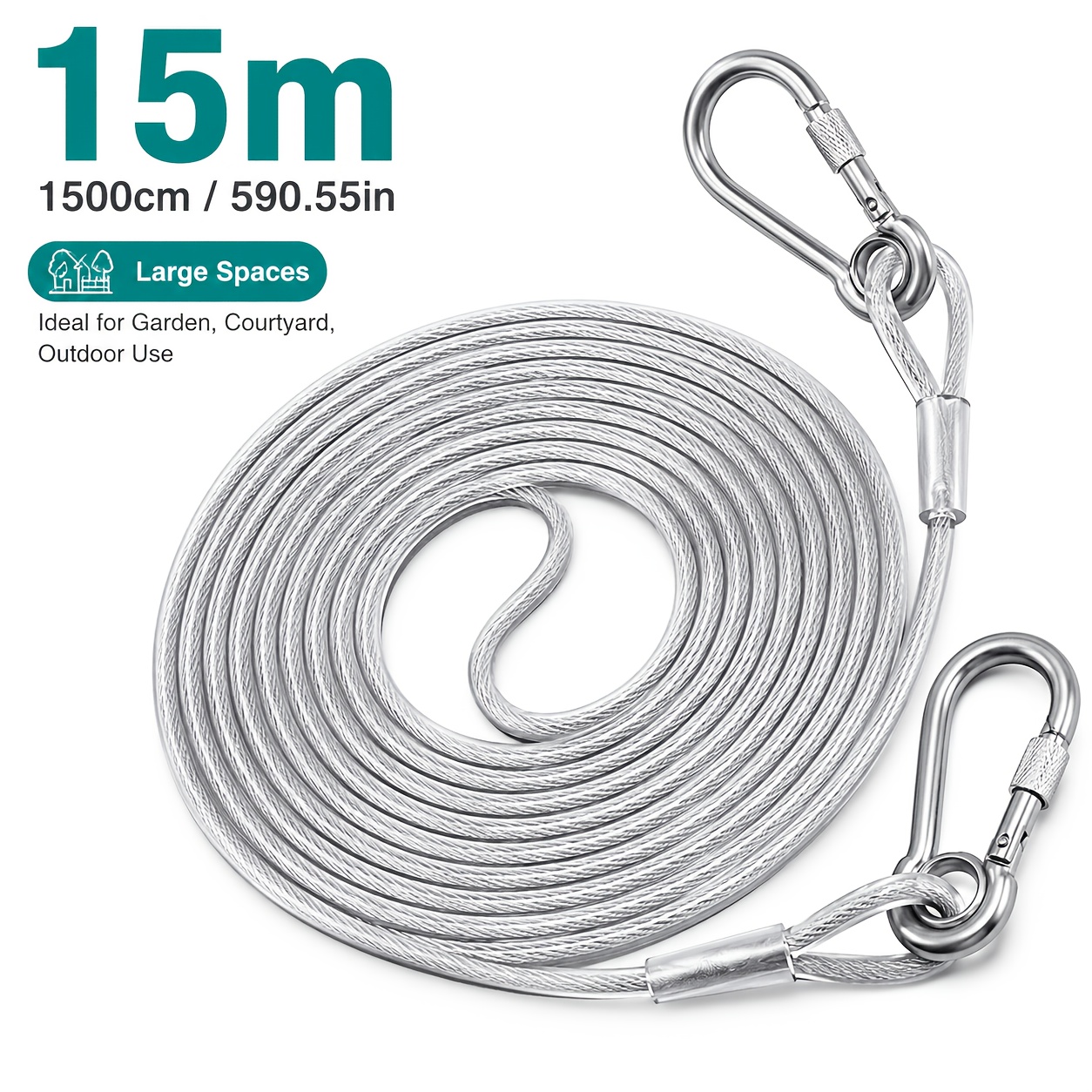 TEMU 3 pièces : 1 corde à linge + 2 crochets, corde à linge portable en acier inoxydable, câble métallique durable avec crochets de verrouillage et