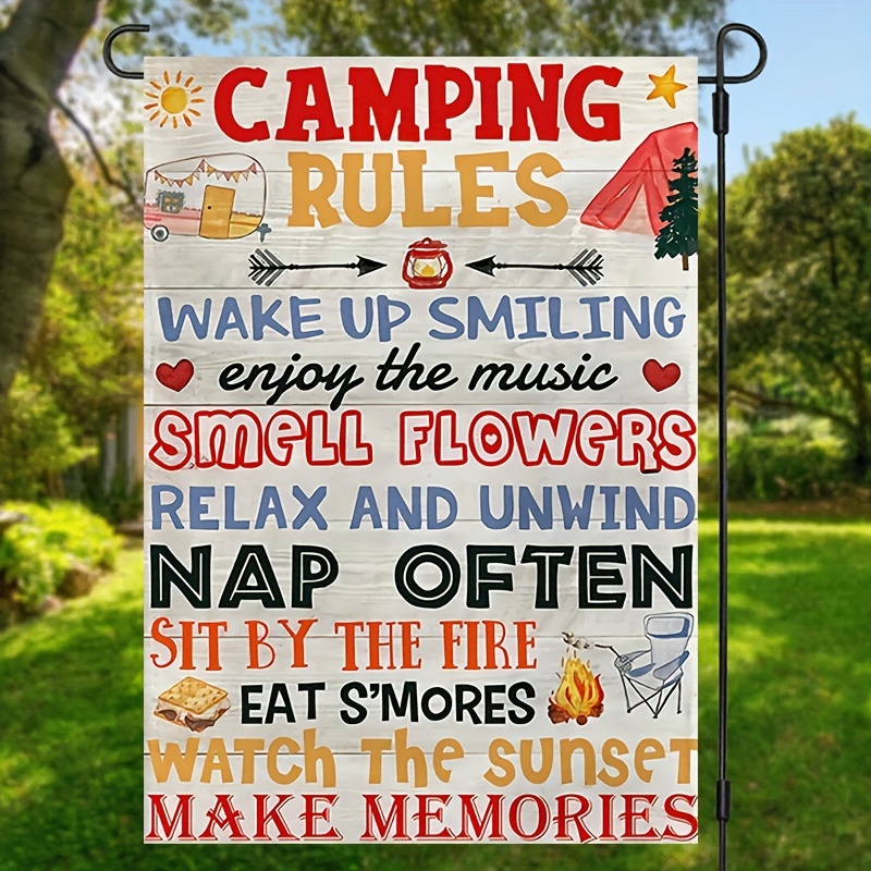 

1pc, Camping Rules Tips Slogan Garden Flag, Vertical Double Sided Waterproof Rustic Camper Holiday Relax Flag, Yard Outdoor Decoration, Lawn Decor, Patio Decor 12*18inch