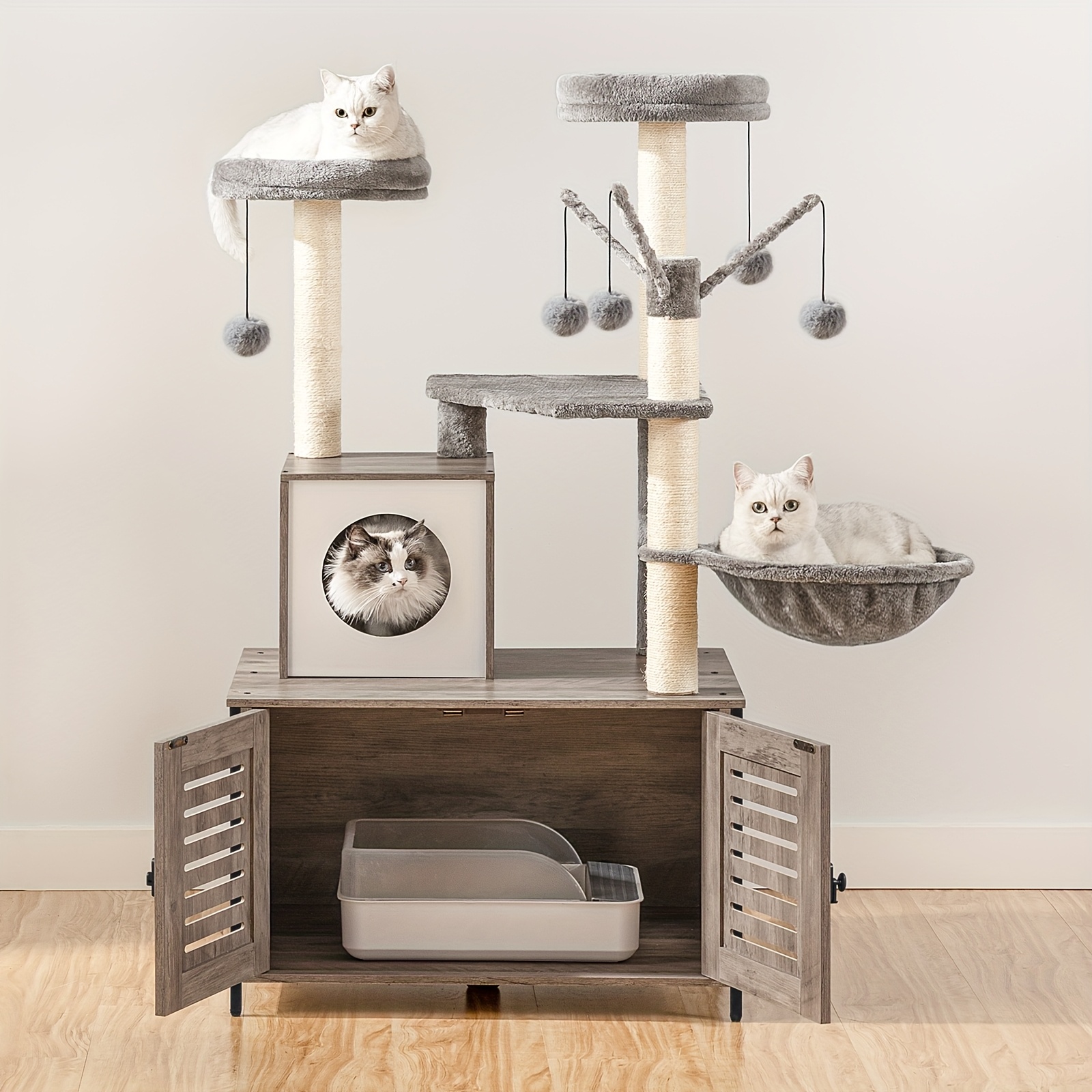 Image of Cat Tree With Litter Box Enclosure, Large -one Cat Tower With Hidden Cat House, Sisal Scratching Posts, Top Perches And Hanging Toys, Multifunctional Cat Furniture For Indoor Cats